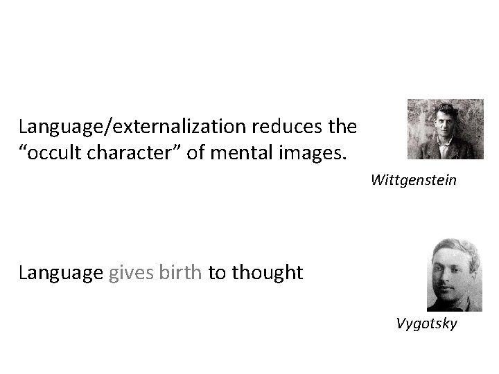Language/externalization reduces the “occult character” of mental images. Wittgenstein Language gives birth to thought