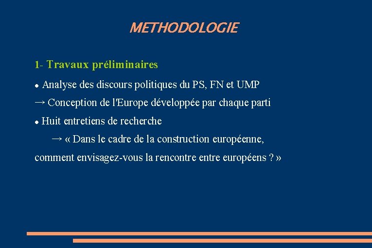 METHODOLOGIE 1 - Travaux préliminaires ● Analyse des discours politiques du PS, FN et