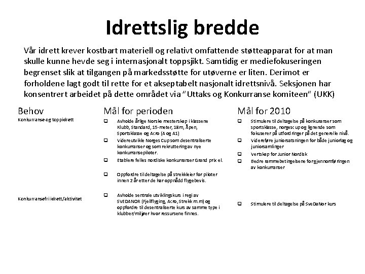 Idrettslig bredde Vår idrett krever kostbart materiell og relativt omfattende støtteapparat for at man