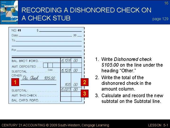 16 RECORDING A DISHONORED CHECK ON page 129 A CHECK STUB 1 2 3