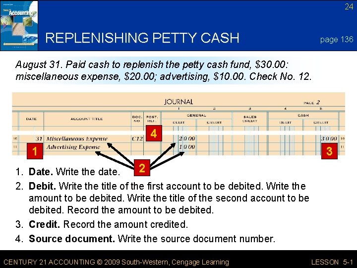 24 REPLENISHING PETTY CASH page 136 August 31. Paid cash to replenish the petty