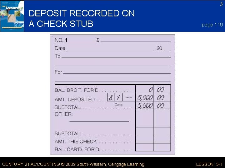 3 DEPOSIT RECORDED ON A CHECK STUB CENTURY 21 ACCOUNTING © 2009 South-Western, Cengage