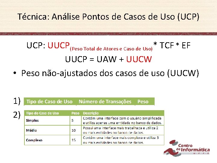 Técnica: Análise Pontos de Casos de Uso (UCP) UCP: UUCP(Peso Total de Atores e