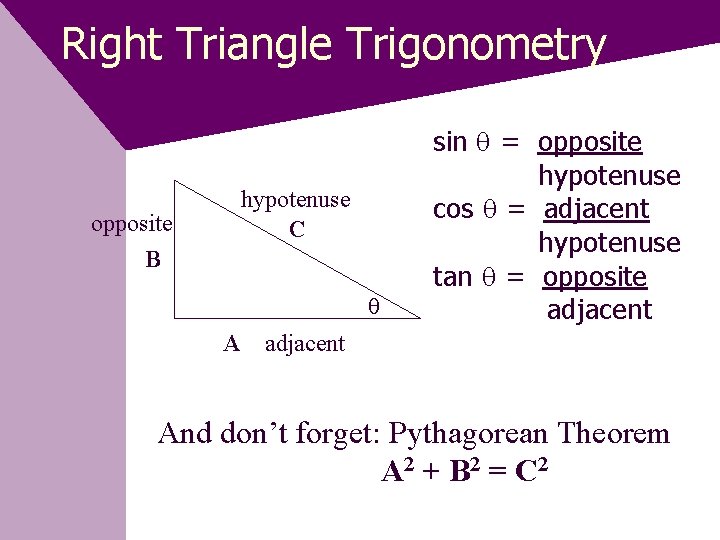 Right Triangle Trigonometry hypotenuse C opposite B A sin = opposite hypotenuse cos =