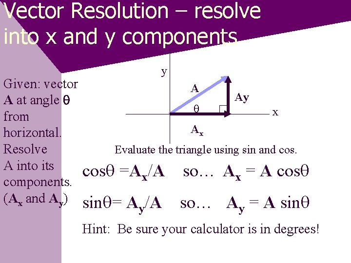 Vector Resolution – resolve into x and y components Given: vector A at angle