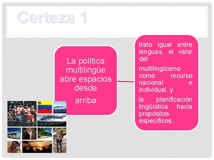 Certeza 1 La política multilingüe abre espacios desde arriba trato igual entre lenguas, el