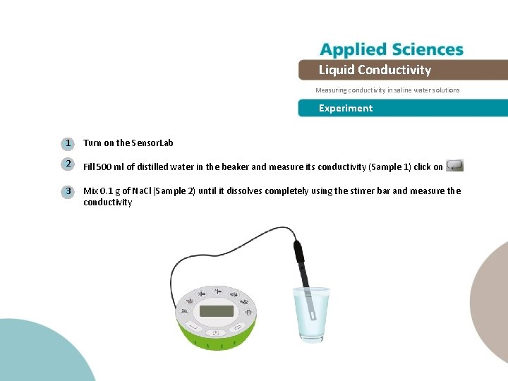 Liquid Conductivity Measuring conductivity in saline water solutions Experiment 1 Turn on the Sensor.