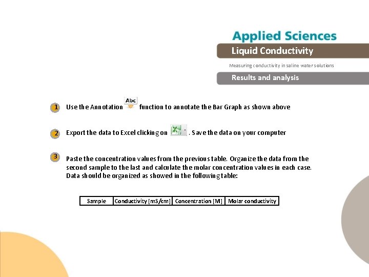Liquid Conductivity Measuring conductivity in saline water solutions Results and analysis 1 Use the