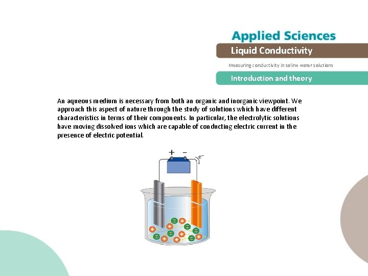 Liquid Conductivity Measuring conductivity in saline water solutions Introduction and theory An aqueous medium