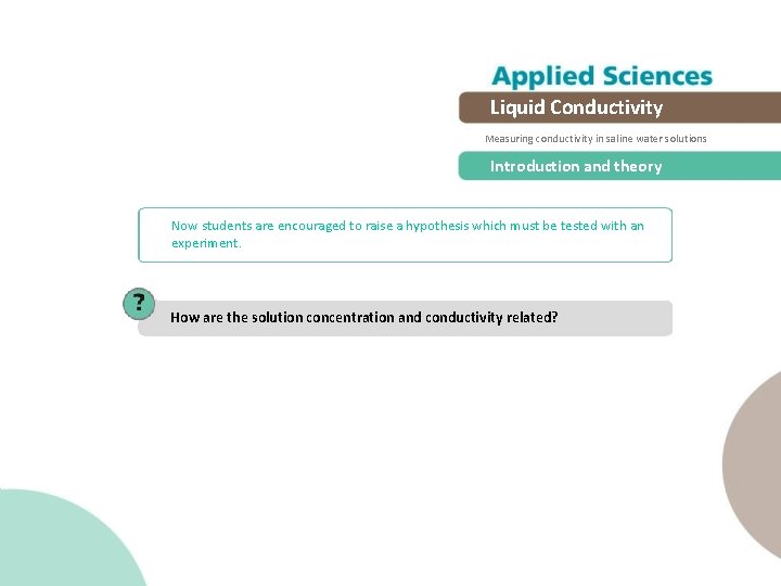 Liquid Conductivity Measuring conductivity in saline water solutions Introduction and theory Now students are