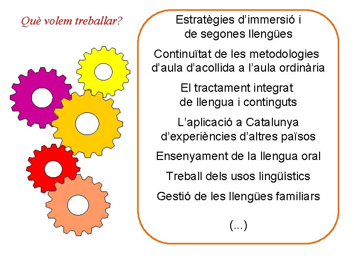 Què volem treballar? Estratègies d’immersió i de segones llengües Continuïtat de les metodologies d’aula