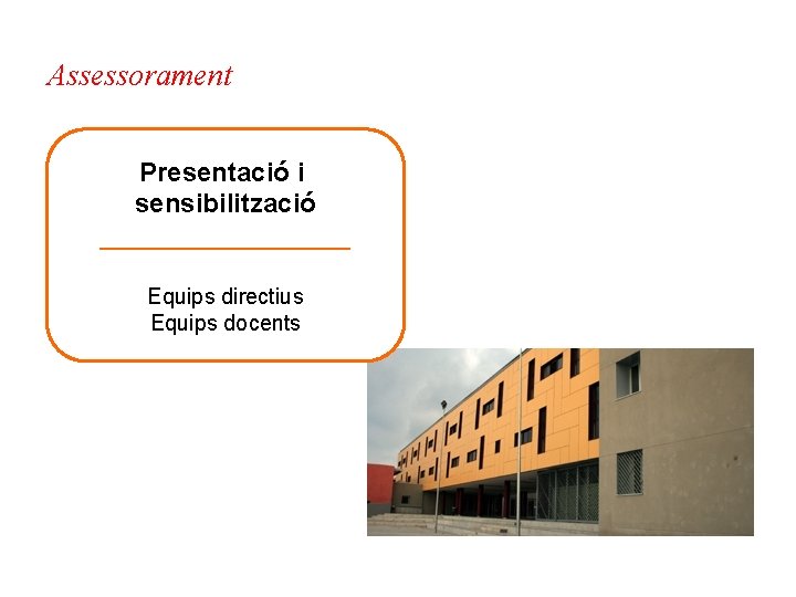 Assessorament Presentació i sensibilització _________ Equips directius Equips docents 