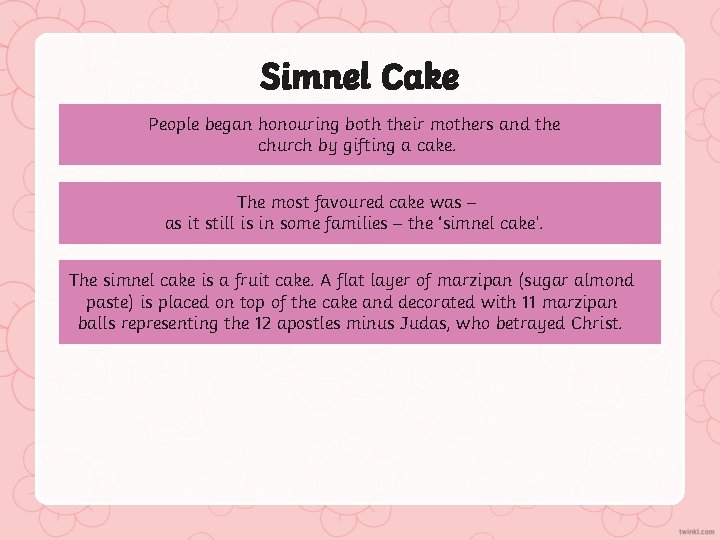 Simnel Cake People began honouring both their mothers and the church by gifting a