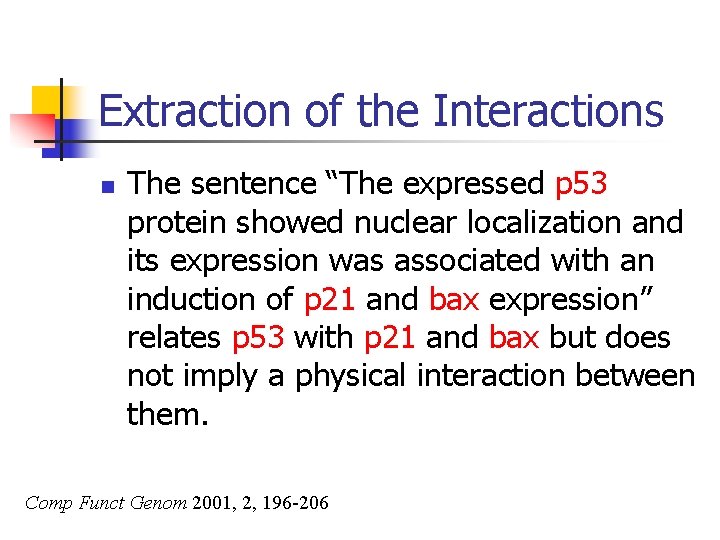 Extraction of the Interactions n The sentence “The expressed p 53 protein showed nuclear