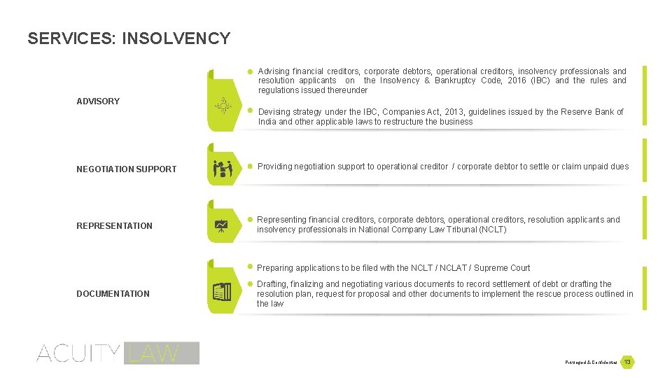 SERVICES: INSOLVENCY Advising financial creditors, corporate debtors, operational creditors, insolvency professionals and resolution applicants