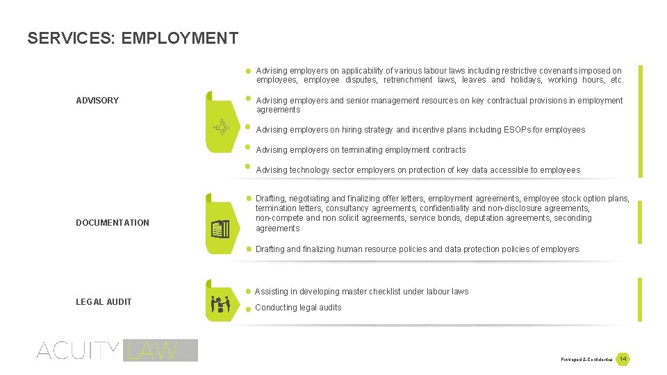 SERVICES: EMPLOYMENT Advising employers on applicability of various labour laws including restrictive covenants imposed