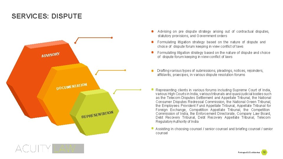 SERVICES: DISPUTE Advising on pre dispute strategy arising out of contractual disputes, statutory provisions,