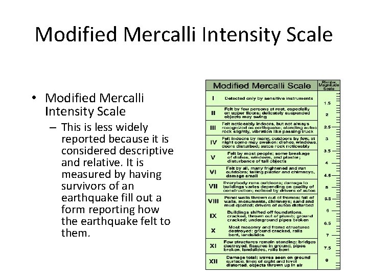 Modified Mercalli Intensity Scale • Modified Mercalli Intensity Scale – This is less widely