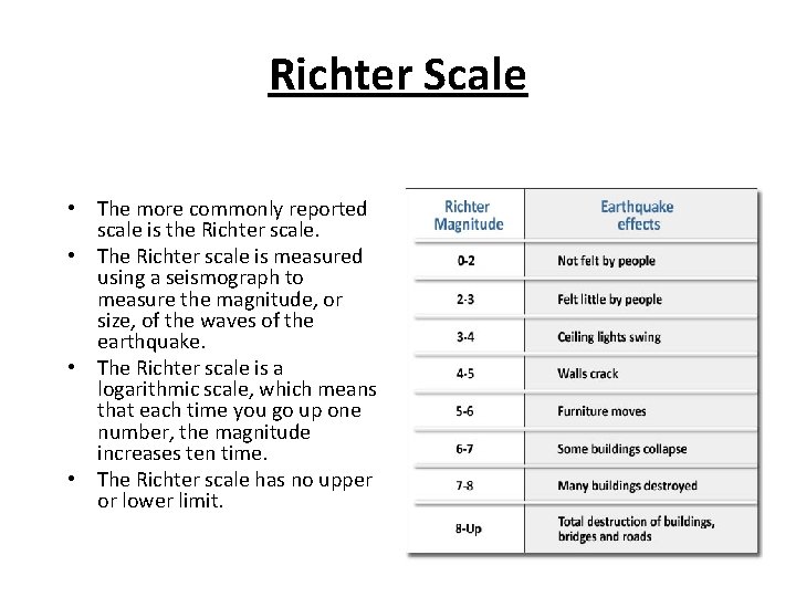 Richter Scale • The more commonly reported scale is the Richter scale. • The