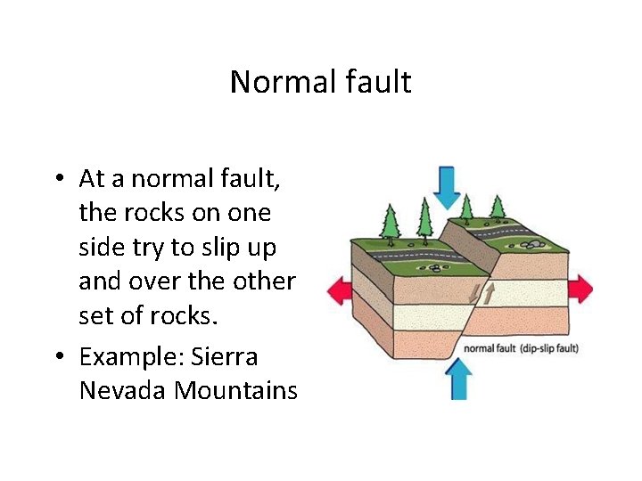 Normal fault • At a normal fault, the rocks on one side try to