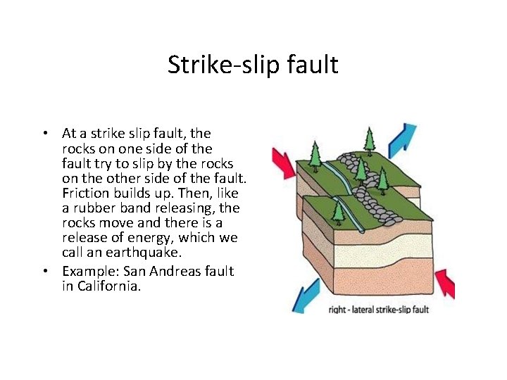 Strike-slip fault • At a strike slip fault, the rocks on one side of