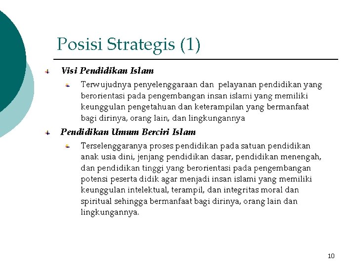 Posisi Strategis (1) Visi Pendidikan Islam Terwujudnya penyelenggaraan dan pelayanan pendidikan yang berorientasi pada