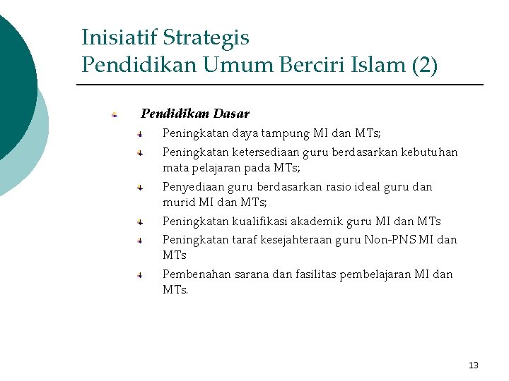 Inisiatif Strategis Pendidikan Umum Berciri Islam (2) Pendidikan Dasar Peningkatan daya tampung MI dan