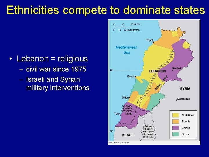 Ethnicities compete to dominate states • Lebanon = religious – civil war since 1975