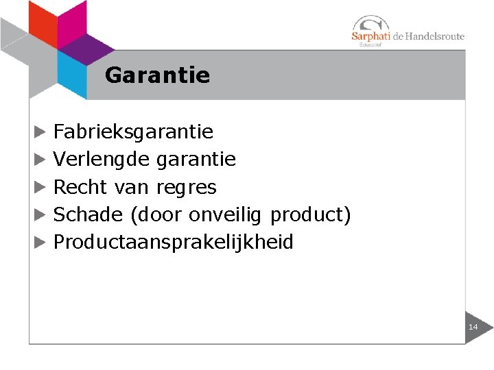 Garantie Fabrieksgarantie Verlengde garantie Recht van regres Schade (door onveilig product) Productaansprakelijkheid 14 