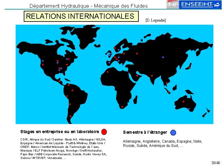 Département Hydraulique - Mécanique des Fluides RELATIONS INTERNATIONALES Stages en entreprise ou en laboratoire