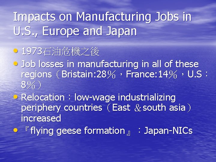 Impacts on Manufacturing Jobs in U. S. , Europe and Japan • 1973石油危機之後 •