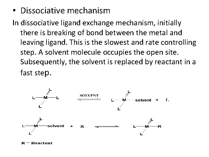  • Dissociative mechanism In dissociative ligand exchange mechanism, initially there is breaking of