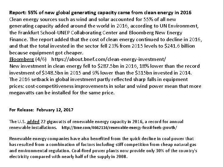 Report: 55% of new global generating capacity came from clean energy in 2016 Clean