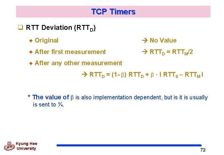 TCP Timers q RTT Deviation (RTTD) Original No Value After first measurement RTTD =