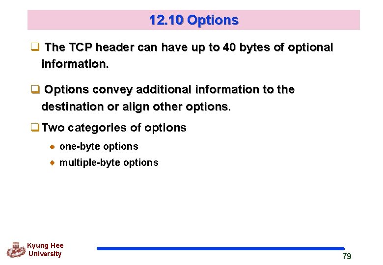 12. 10 Options q The TCP header can have up to 40 bytes of