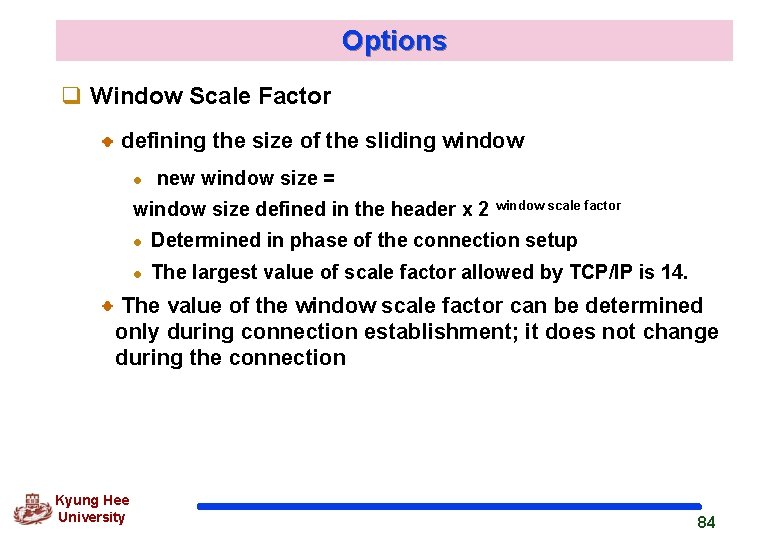Options q Window Scale Factor defining the size of the sliding window l new
