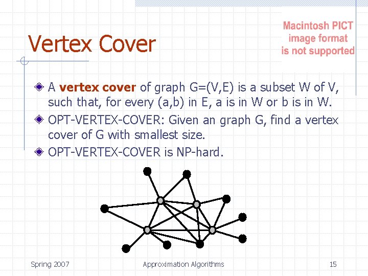 Vertex Cover A vertex cover of graph G=(V, E) is a subset W of