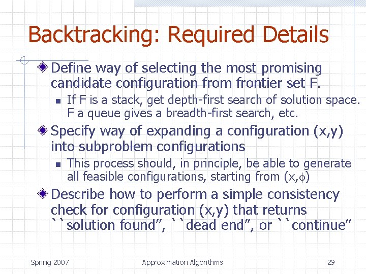 Backtracking: Required Details Define way of selecting the most promising candidate configuration from frontier