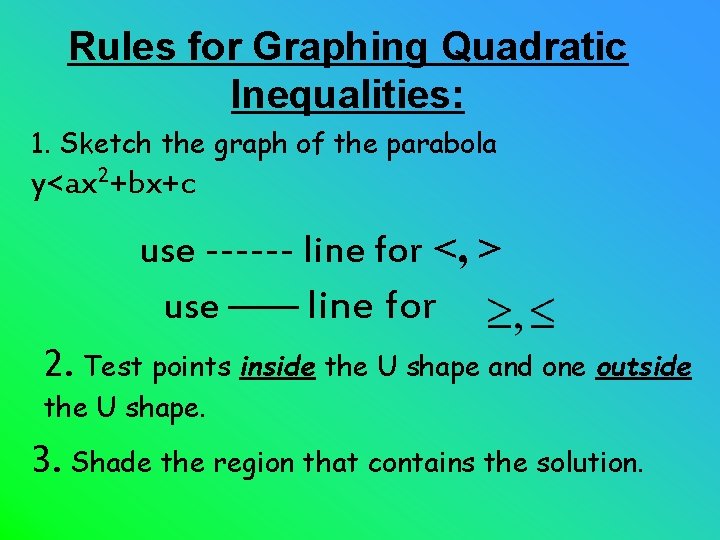 Rules for Graphing Quadratic Inequalities: 1. Sketch the graph of the parabola y<ax 2+bx+c