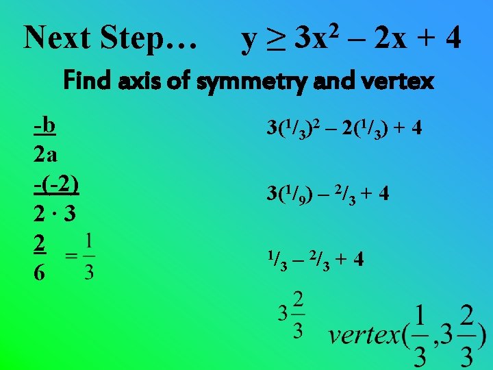 Next Step… y≥ 2 3 x – 2 x + 4 Find axis of