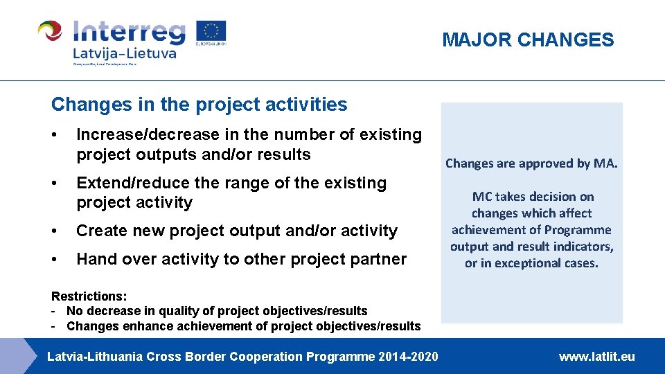 MAJOR CHANGES Changes in the project activities • Increase/decrease in the number of existing