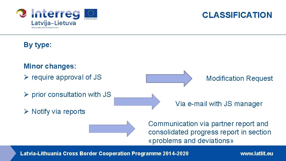CLASSIFICATION By type: Minor changes: Ø require approval of JS Modification Request Ø prior