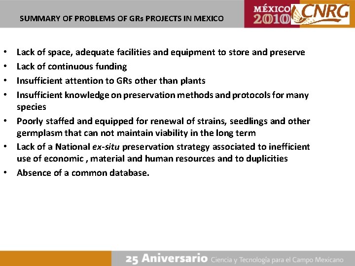 SUMMARY OF PROBLEMS OF GRs PROJECTS IN MEXICO Lack of space, adequate facilities and