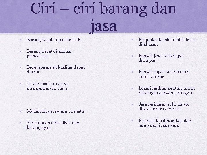 Ciri – ciri barang dan jasa • Barang dapat dijual kembali • Penjualan kembali