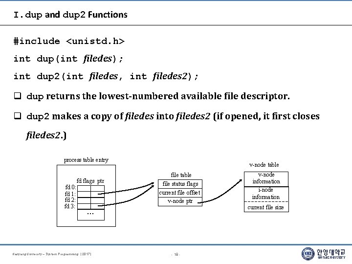 I. dup and dup 2 Functions #include <unistd. h> int dup(int filedes); int dup