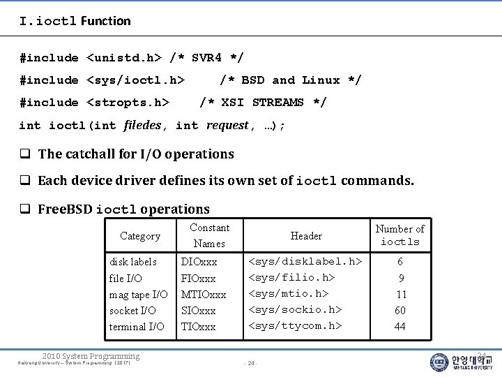 I. ioctl Function #include <unistd. h> /* SVR 4 */ #include <sys/ioctl. h> #include