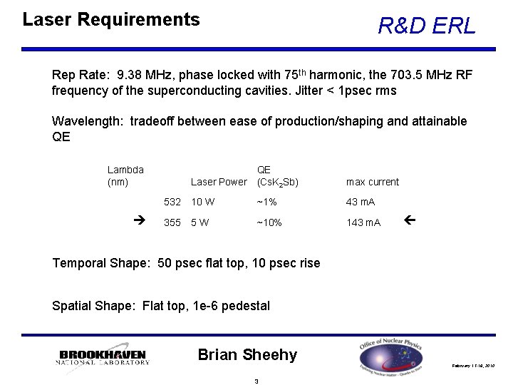 Laser Requirements R&D ERL Rep Rate: 9. 38 MHz, phase locked with 75 th