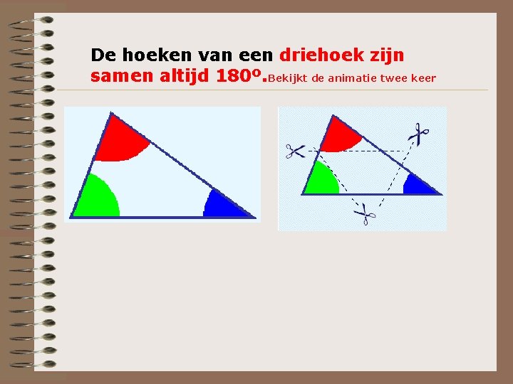 De hoeken van een driehoek zijn samen altijd 180º. Bekijkt de animatie twee keer De hoeken van een driehoek zijn samen altijd 180º. Bekijkt de animatie twee keer