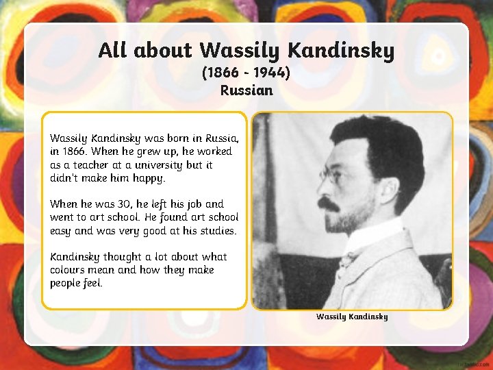 All about Wassily Kandinsky (1866 - 1944) Russian Wassily Kandinsky was born in Russia,
