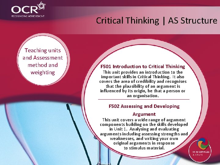 Critical Thinking | AS Structure Teaching units and Assessment method and weighting F 501